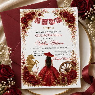 Invitación Oro Rojo Caballo Occidental Floral Charra Quinceañ
