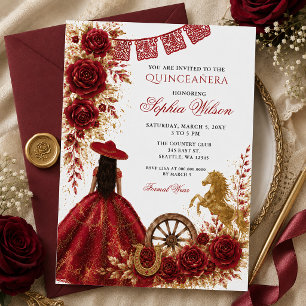 Invitación Oro Rojo Caballo Occidental Floral Charra Quinceañ