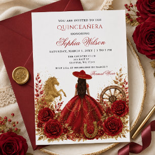 Invitación Oro Rojo Caballo Occidental Floral Charra Quinceañ