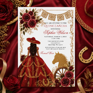 Invitación Oro Rojo Caballo Occidental Floral Charra Quinceañ