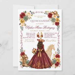 Invitación Oro Rojo Caballo Occidental Floral Charra Quinceañ