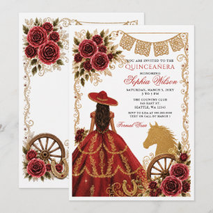 Invitación Oro Rojo Caballo Occidental Floral Charra Quinceañ