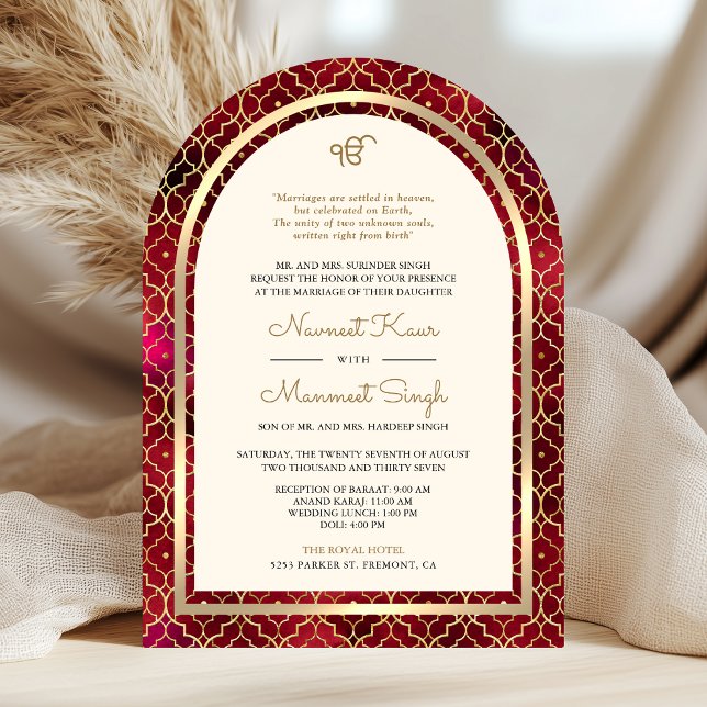 Invitación Oro Rojo Código QR Sij Boda Arco Marroquí (Front)