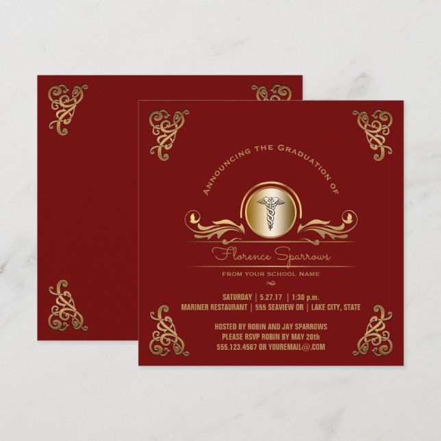 Invitación Oro rojo de la fiesta de graduación el | de la (Anverso / Reverso)