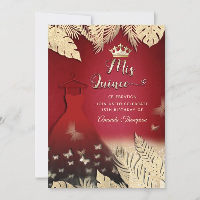 Invitación Oro Rojo hojas tropicales purpurina mariposa tiara (Anverso)