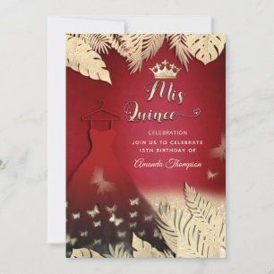 Invitación Oro Rojo hojas tropicales purpurina mariposa tiara