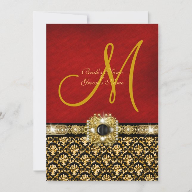 Invitación Oro rojo negro "boda elegante " del damasco (Anverso)