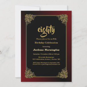 Invitación Oro Rojo Negro Celebración de Cumpleaños 80