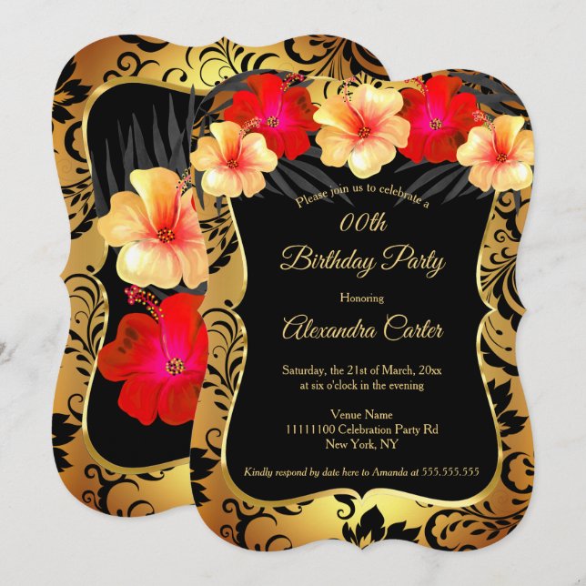 Invitación Oro Rojo Negro Damasco Hibiscus Cumpleaños (Anverso / Reverso)