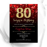 Invitación Oro Rojo Negro Sorpresa 80 cumpleaños<br><div class="desc">Sorpresa 80.ª invitación a la fiesta de cumpleaños. Elegante diseño negro rojo con falso oro purpurina. Cuenta con diamantes elegantes, luces de bokeh y fuente de guiones. Invitación de cumpleaños de hombres o mujeres. Perfecto para una elegante fiesta de cumpleaños. Personaliza con tus propios detalles. Mándame un mensaje si necesitas...</div>