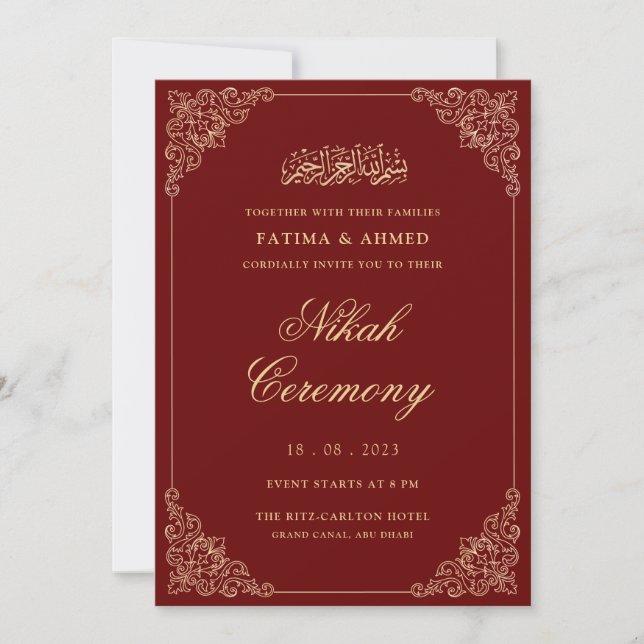 Invitación Oro rojo Nikkah Boda musulmán islámico (Anverso)