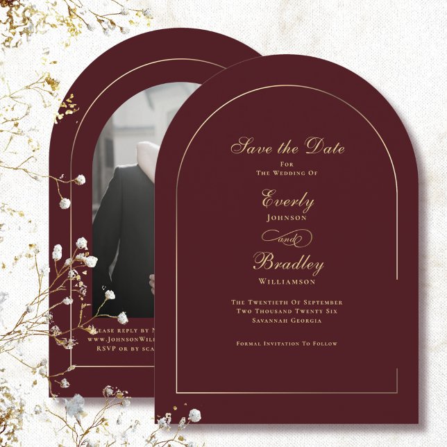 Invitación Oro Rojo Oscuro Arco Boda Guardar la Fecha (Subido por el creador)