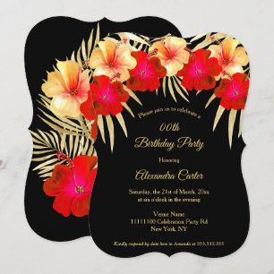 Invitación Oro Rojo Palmas Negras Hibisco Cumpleaños Floral