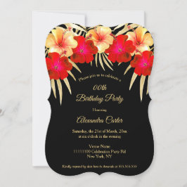 Invitación Oro Rojo Palmas Negras Hibisco Cumpleaños Floral
