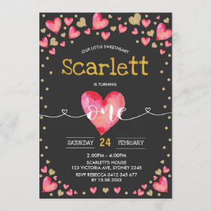 Invitación Oro Rojo Valentín Cariño primer cumpleaños