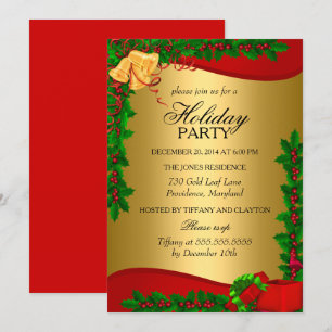 Invitación Oro Rojo Verde Hojas de Acebo Campana Fiesta de Na