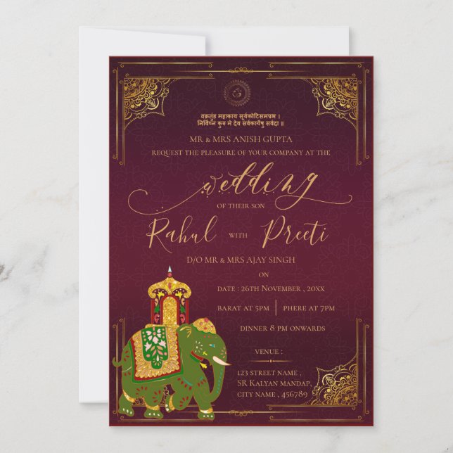 Invitación Oro rojo vibrante con el Boda indio Lord Ganesh (Anverso)