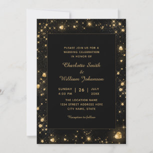 Invitación Oro romántico Sparkly Diamond Hearts Black