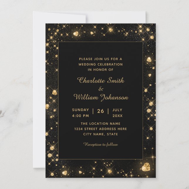 Invitación Oro romántico Sparkly Diamond Hearts Black (Anverso)