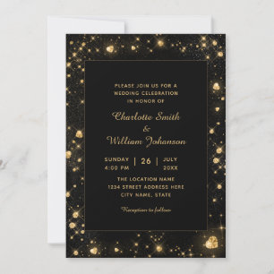 Invitación Oro romántico Sparkly Diamond Hearts Black