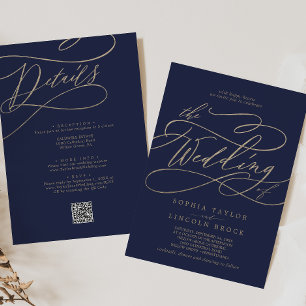 Invitación Oro romántico y marina todo en un Boda de código Q