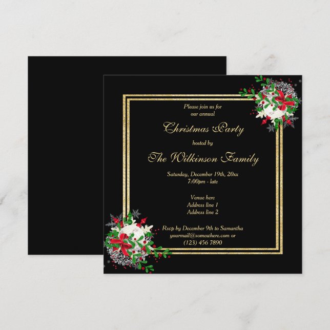 Invitación Oro romántico y negro, esquina Navidades de diciem (Anverso / Reverso)