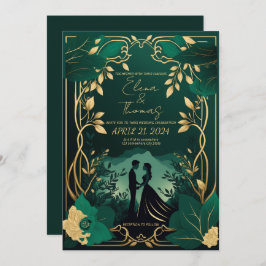 Invitación Oro romántico y verde esmeralda