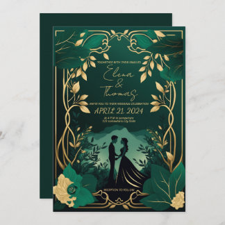 Invitación Oro romántico y verde esmeralda