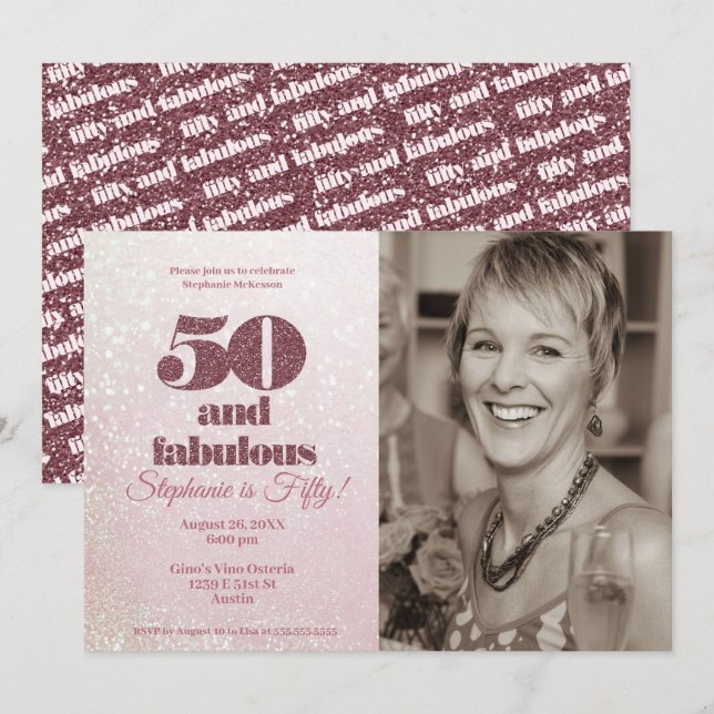 Invitación Oro Rosa 50 y fabuloso elegante 50 cumpleaños (Anverso / Reverso)