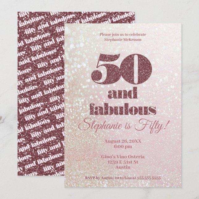 Invitación Oro Rosa 50 y fabuloso elegante 50 cumpleaños (Anverso / Reverso)