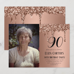 Invitación Oro Rosa 90.º Noventa Drip Elegante Cumpleaños