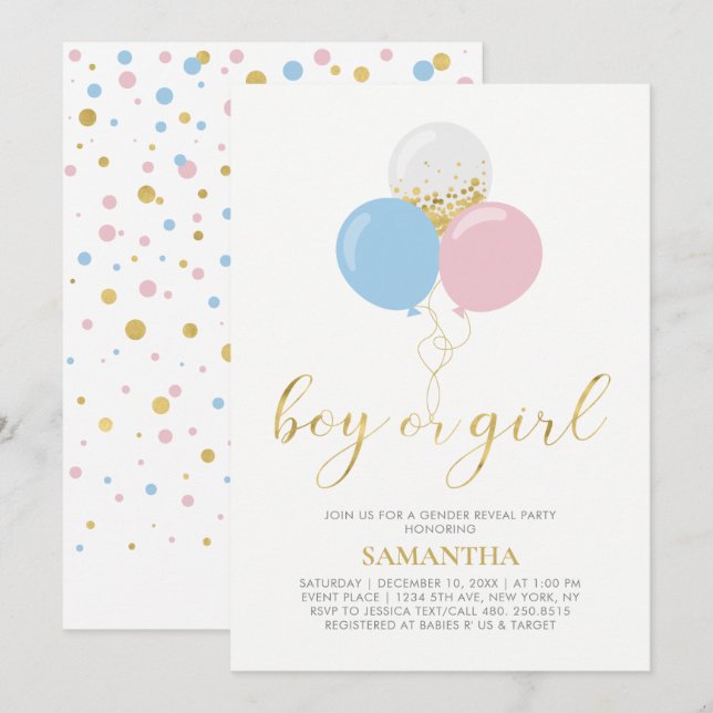 Invitación Oro, rosa, azul | Baby Shower de Revelación de Gén (Anverso / Reverso)