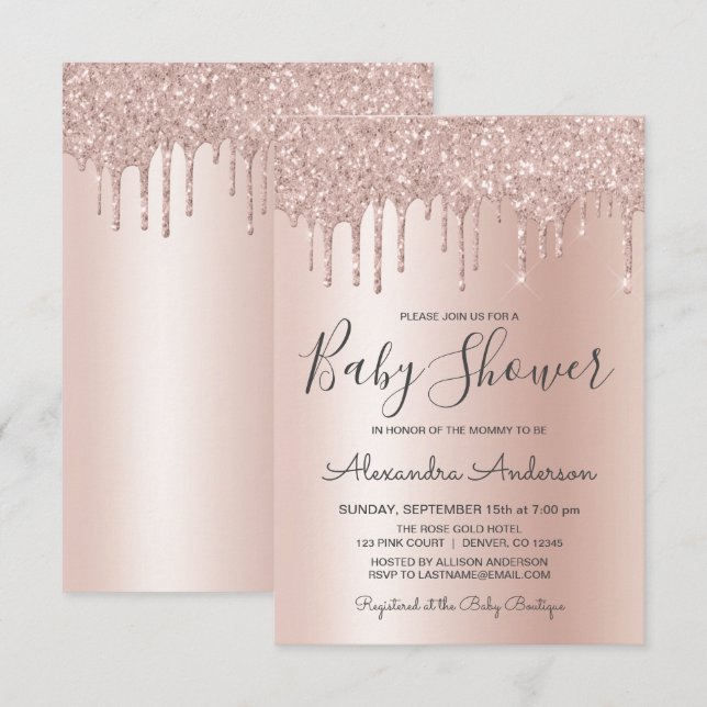 Invitación Oro rosa | Baby Shower de Relieve metalizado de Pu (Anverso / Reverso)