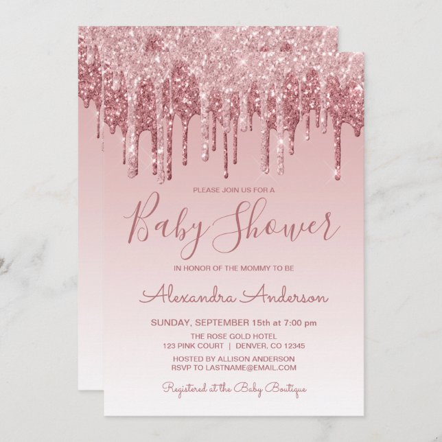Invitación Oro rosa | Baby Shower Purpurina de parkol rosado (Anverso / Reverso)