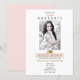 Invitación Oro Rosa Blanco Minimalista Fiesta de Graduación c