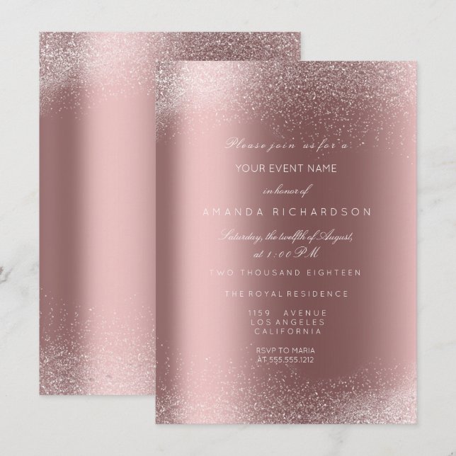 Invitación Oro Rosa Brillo Arena Boda Cumpleaños (Anverso / Reverso)