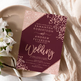Invitación Oro rosa brillo confeti chic boda burgundy