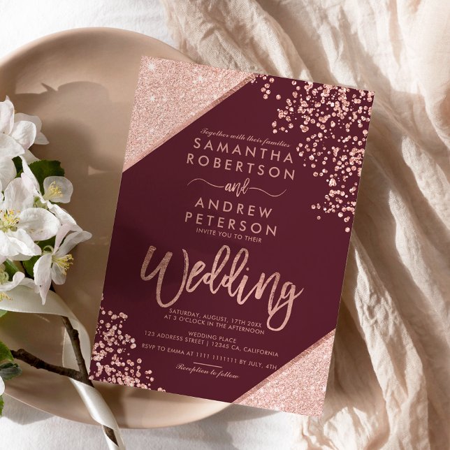 Invitación Oro rosa brillo confeti chic boda burgundy (Subido por el creador)