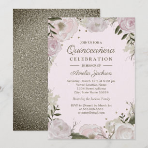Invitación Oro Rosa Brillo Floral Quinceañera