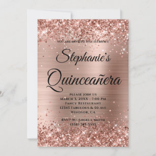 Invitación Oro Rosa Brillo Foil Monograma Elegante Quinceañer