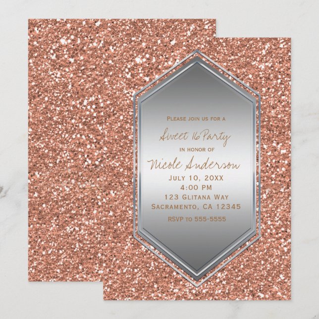 Invitación Oro Rosa Brillo Plata Fiesta de Cumpleaños Cualqui (Anverso / Reverso)