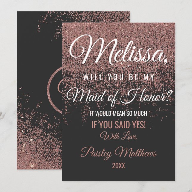 Invitación Oro Rosa Brillo Purpurina Dama de Honor Negro (Anverso / Reverso)