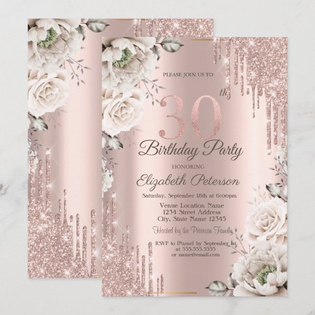 Invitación Oro Rosa, Brillos, Flores Blancas 30th (Anverso / Reverso)