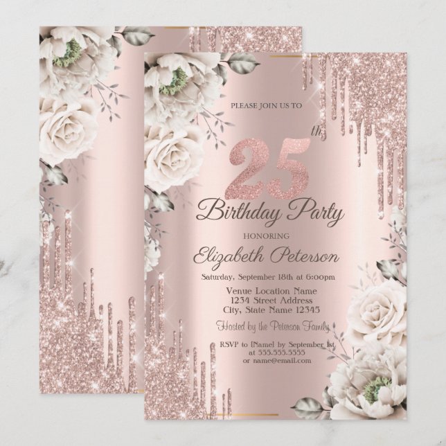 Invitación Oro Rosa, Brillos Goteando, Flores Blancas 25th (Anverso / Reverso)