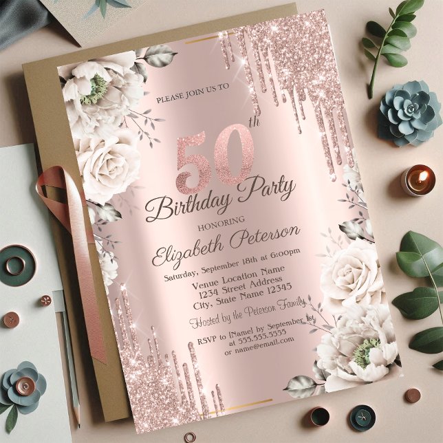 Invitación Oro Rosa, Brillos Goteando, Flores Blancas 50º (Subido por el creador)