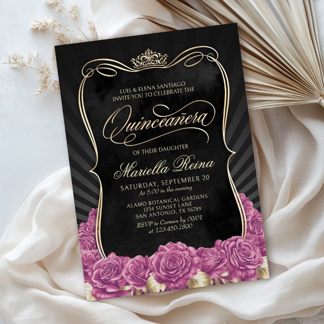 Invitación Oro rosa caliente negro Quinceañera (Subido por el creador)