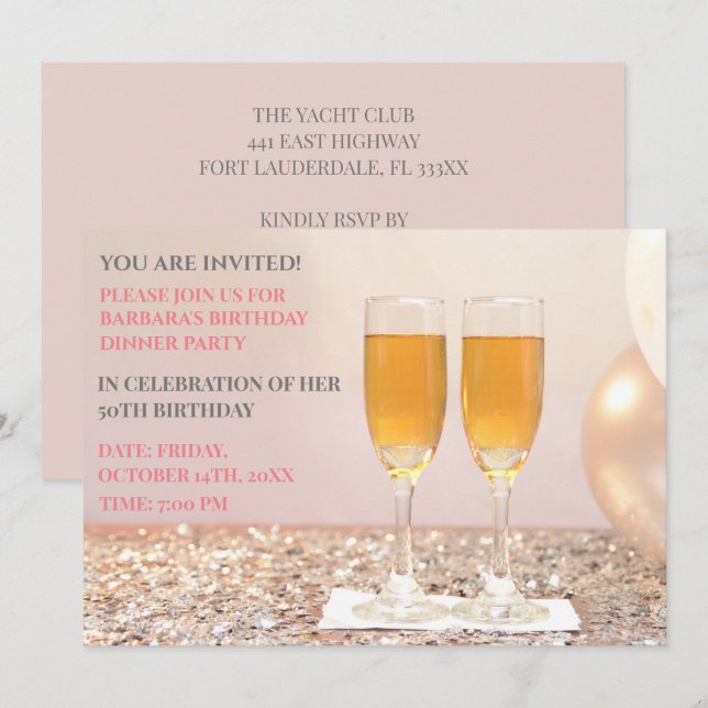 Invitación Oro rosa claro 50 cumpleaños champagne (Anverso / Reverso)