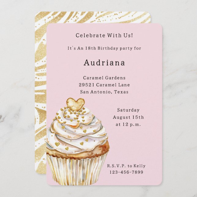 Invitación Oro rosa Crema Blanca Corazón Pastel Cumpleaños (Anverso / Reverso)