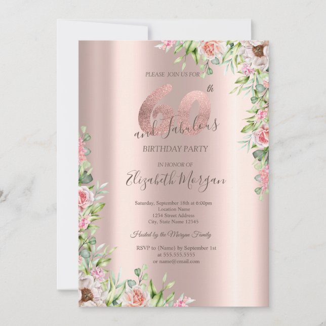 Invitación Oro Rosa,Cumpleaños 60 de Rosas (Anverso)