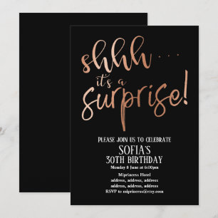 Invitación Oro Rosa de Hoja , shhh es una fiesta Sorpresa